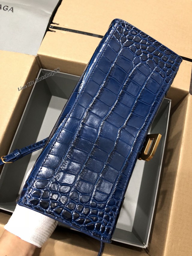 Balenciaga專櫃爆款大號手提女包 巴黎世家升級版鱷魚寶藍色金扣Hourglass沙漏包 fyj1650